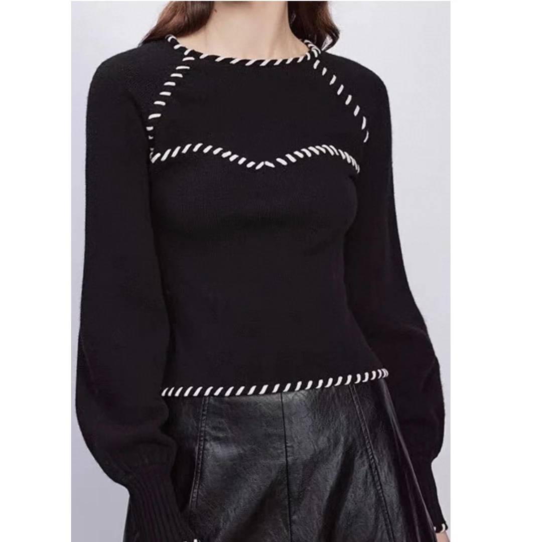 灯笼袖穿绳针织衫百搭设计感女士气质修身秋冬时尚黑色长袖圆领