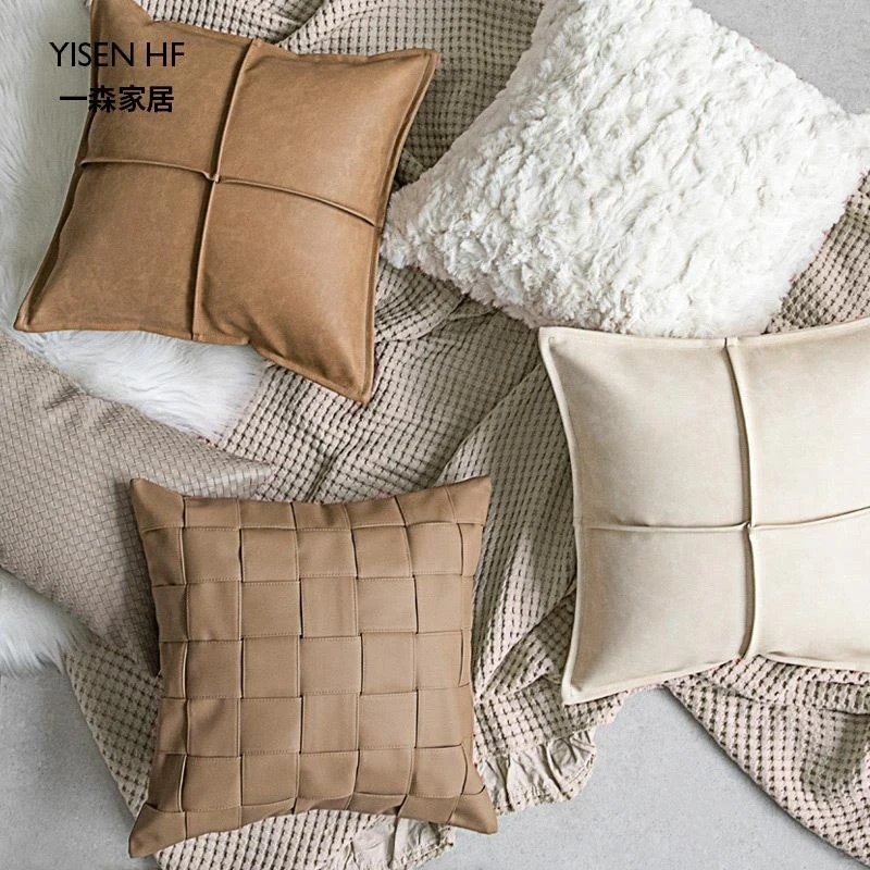 YISEN肤感皮革立体十字褶抱枕套现代沙发靠枕软装沙发靠背垫车载