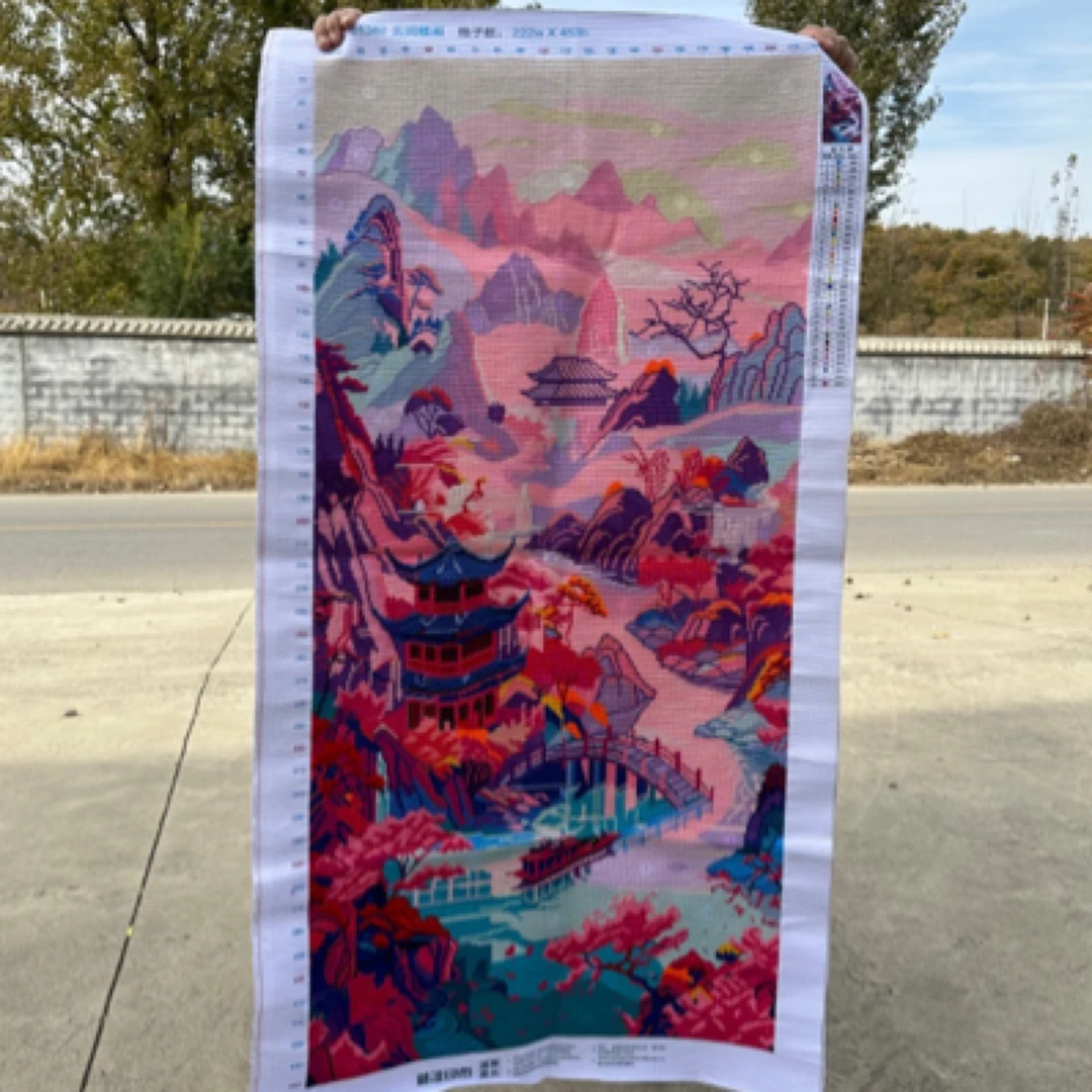 纯手工十字绣成品云间楼阁仙境竖版客厅卧室风景挂画140×75厘米