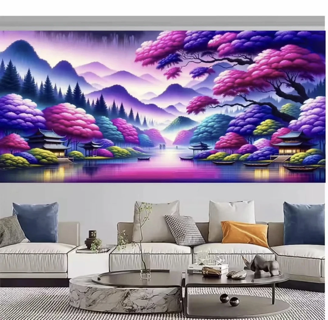 纯手工十字绣成品五彩花千树浪漫风景大气卧室客厅挂画175×88厘米