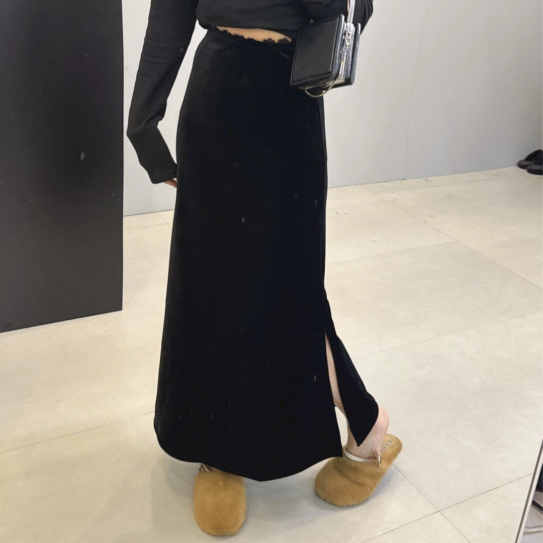 韩版东大门高腰拼蕾丝时尚百搭加绒开叉丝绒裙