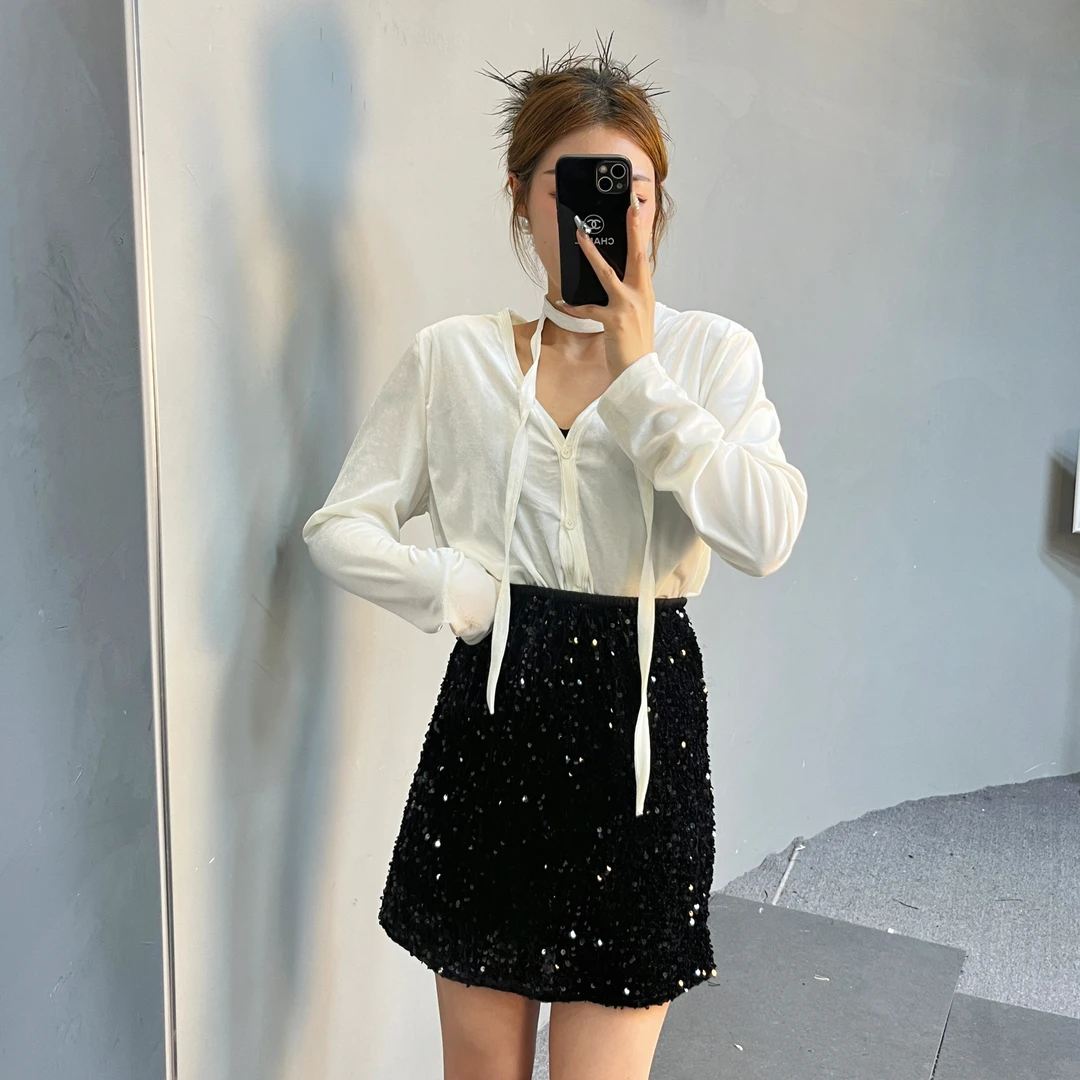 垫肩V领丝绒上衣新款韩版宽松显瘦气质百搭开衫