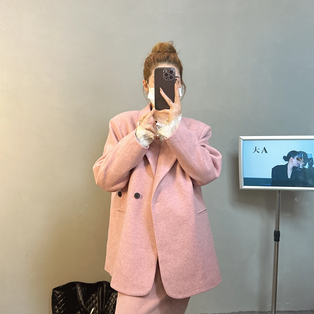 韩版翻领毛呢加厚小香风宽松西装外套