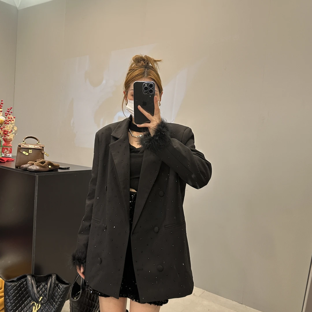 韩版东大门亮钻加棉双排扣气质时尚休闲百搭袖拼接毛毛西装外套