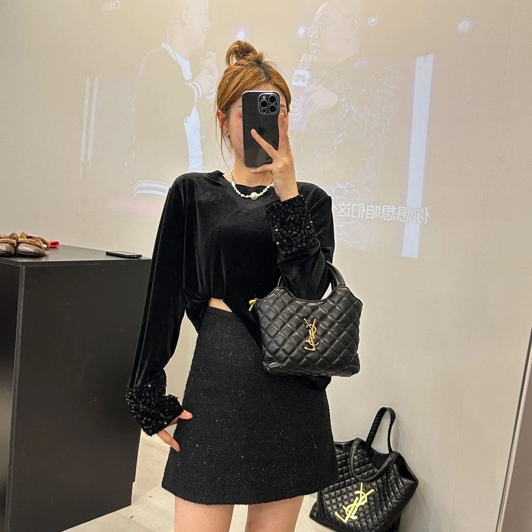 东大门韩版显瘦气质时尚长袖拼接亮片袖丝绒打底