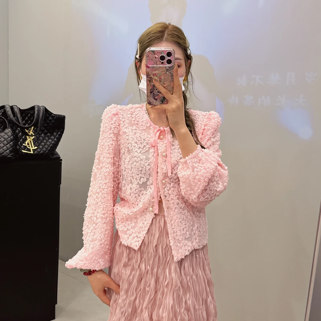 法式新款气质时尚网纱提花圆领百搭长袖打底