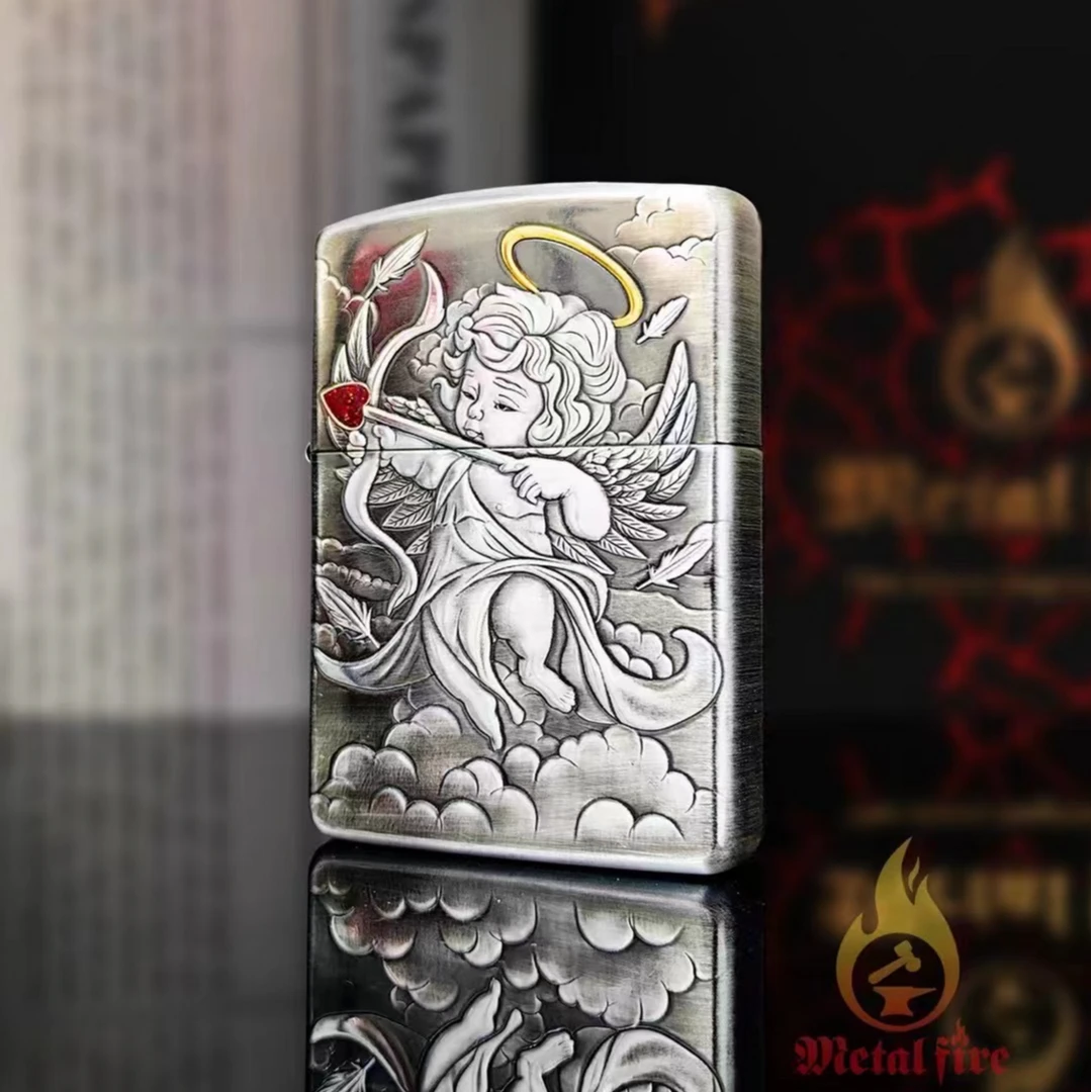 ZIPPO正品打火机爱神丘比特浮雕防风镶嵌宝石心七夕礼物男友
