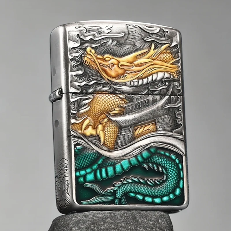 ZIPPO/之宝打火机蛟龙入海鎏金绿色珐琅金色双面立体男士收藏送礼