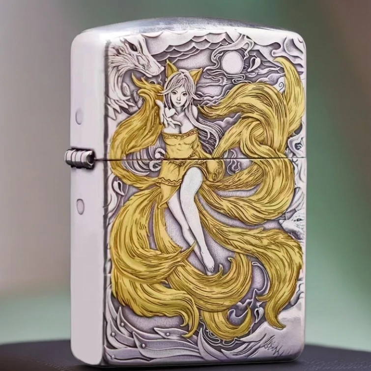 ZIPPO【主播专属】打火机正版镀银鎏金-月下九尾望月男士送礼收藏