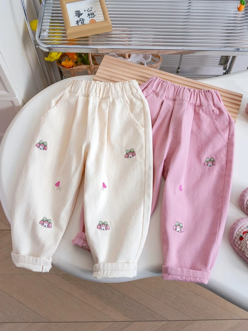 女宝宝2024卡通刺绣休闲裤子春秋季洋气时髦百搭女小童韩版长裤潮