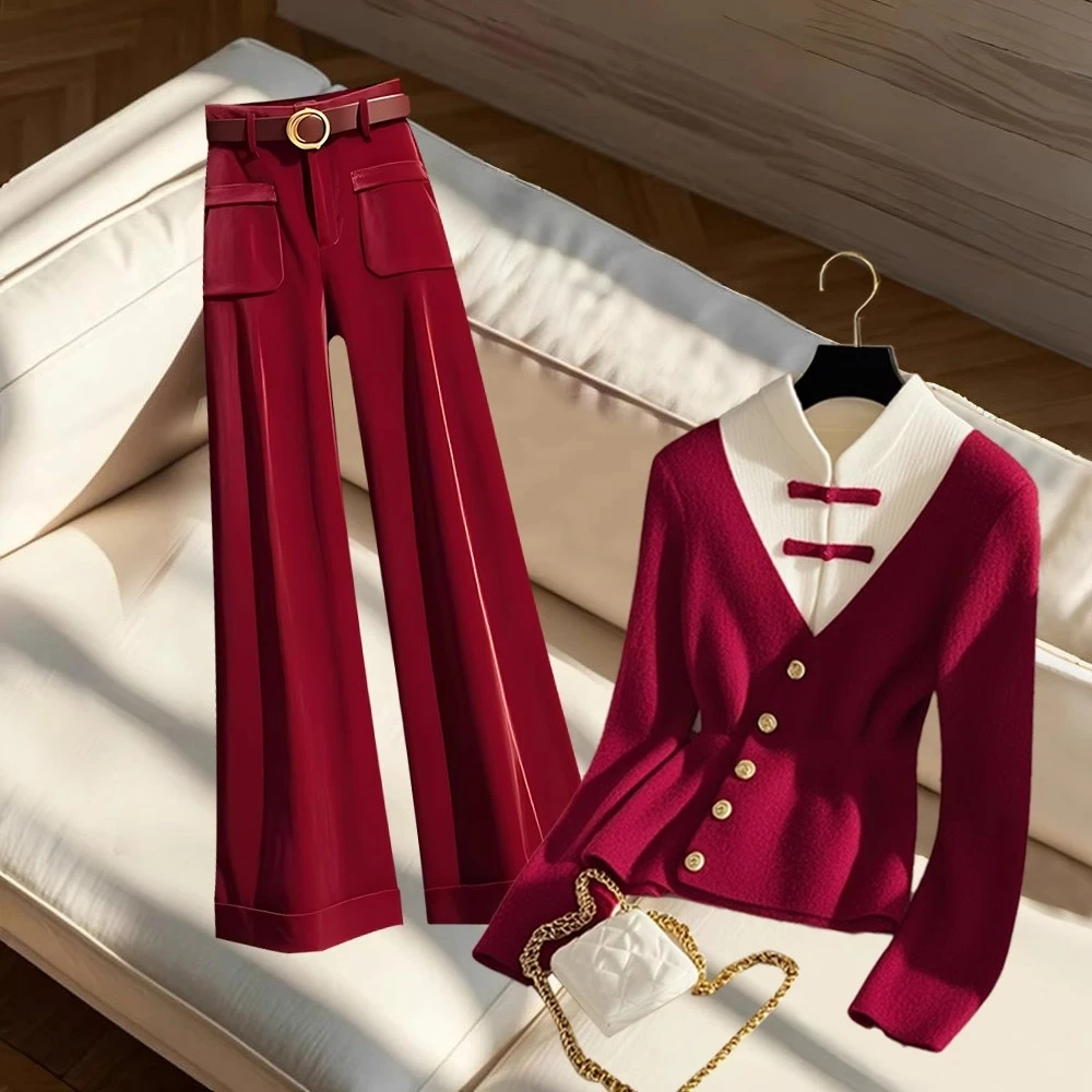 秋冬时尚套装高级感轻奢安可拉红针织衫多巴胺红色休闲裤两件套女