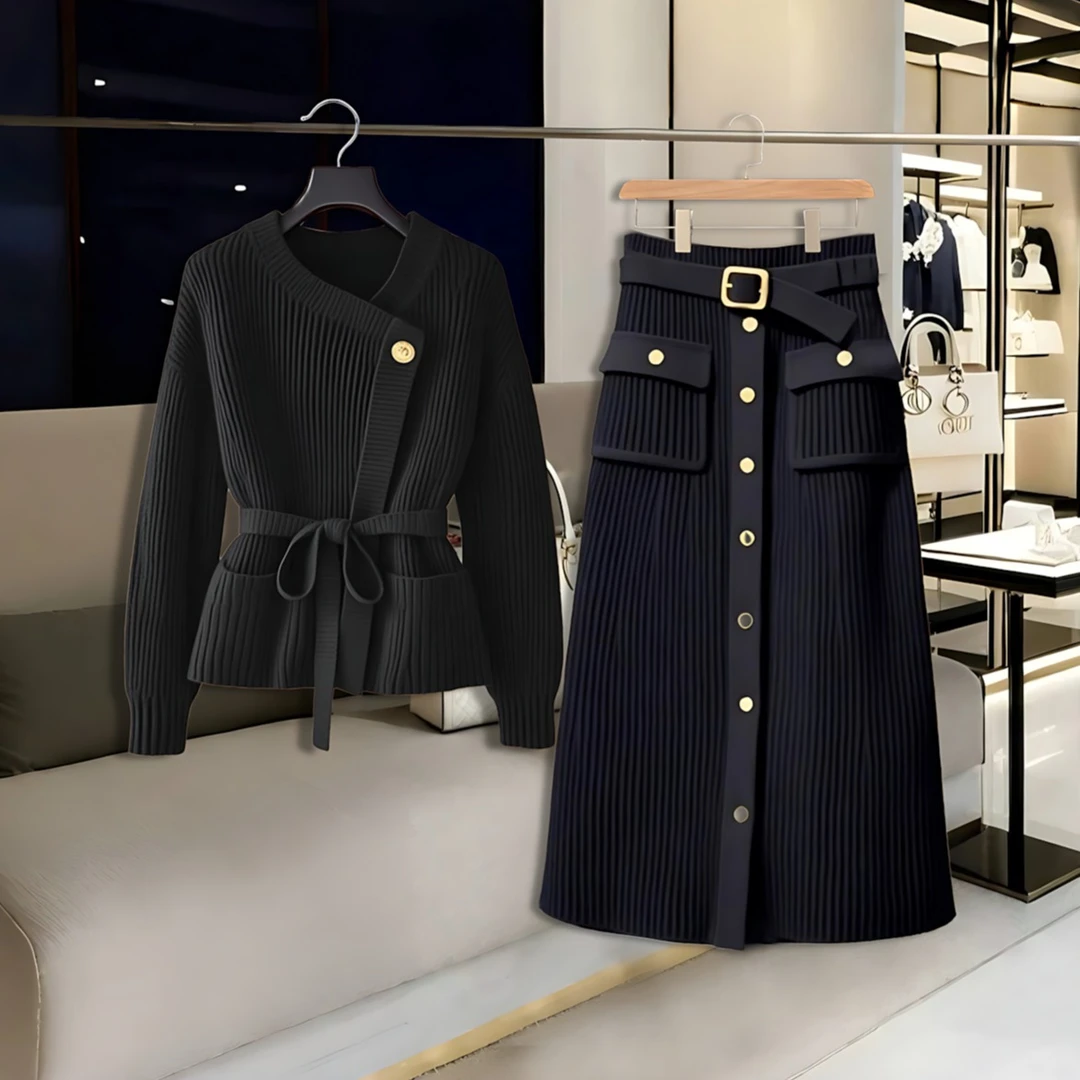2025秋冬季韩系小众高级感气质针织上衣通勤风显瘦黑色半身裙套装