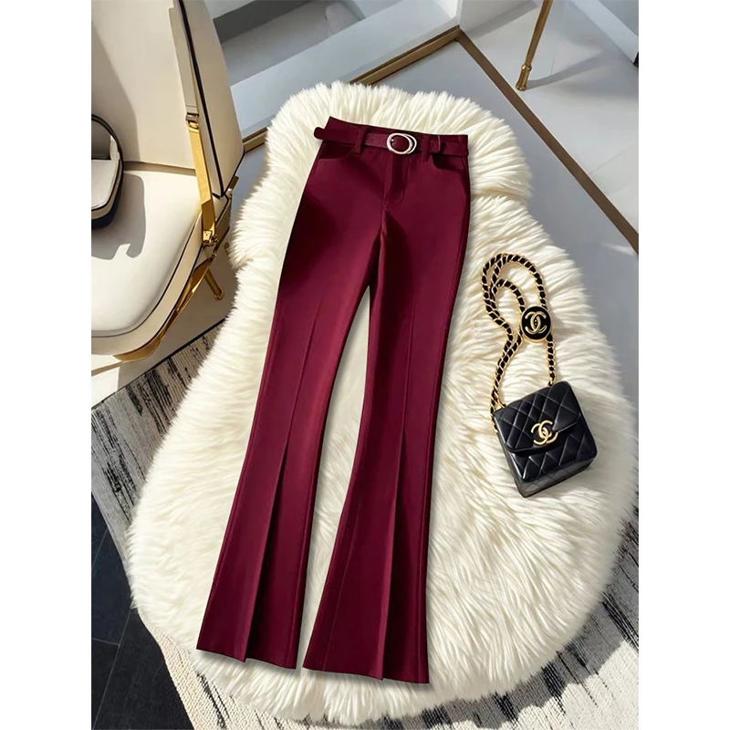 法式高级感安克拉红微喇阔腿裤女秋冬季新款高腰名媛风直筒休闲裤