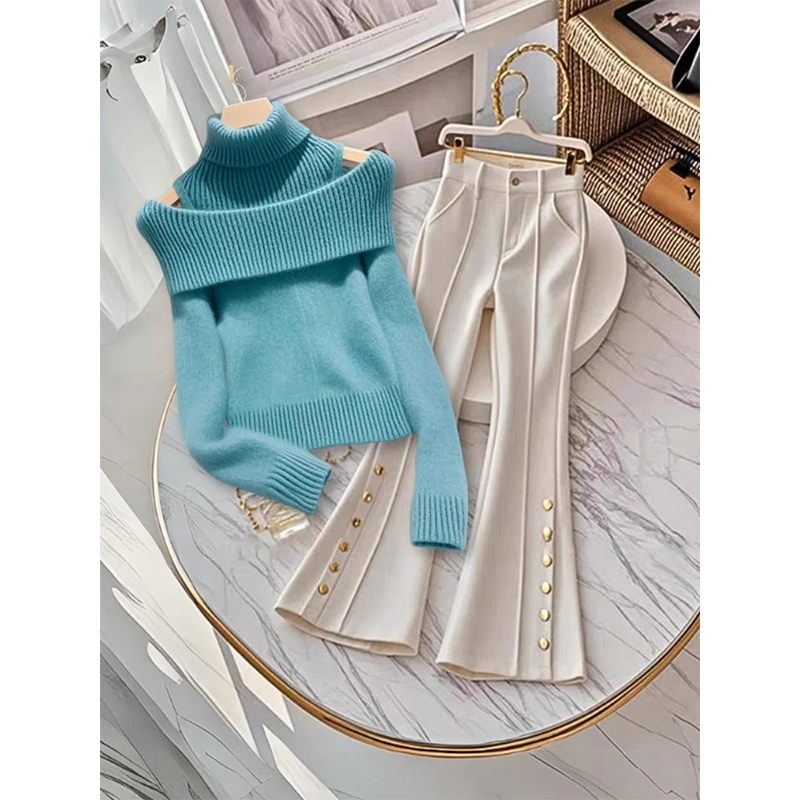 2024入秋套装蓝色假两件针织衫女高级感时尚减龄白色休闲裤两件套