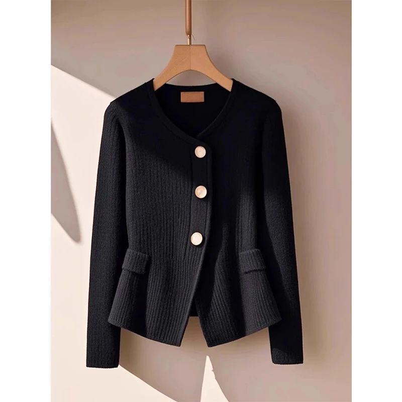 法式小香风黑色针织开衫外套女秋冬季新款高级感大码减龄百搭上衣