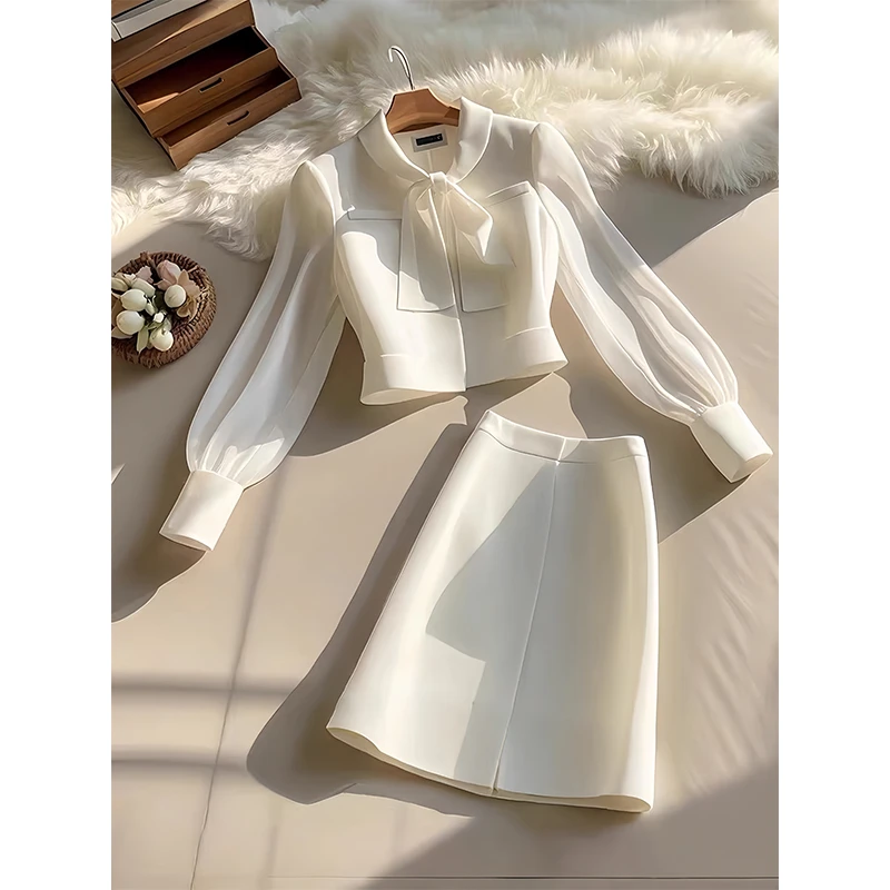 早秋法式一整套穿搭名媛小香风长袖衬衫polo领白色半身裙休闲套装
