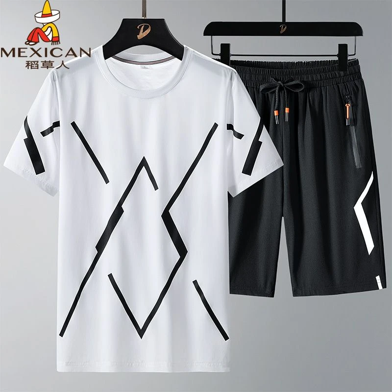 Mexican/稻草人夏季新款冰丝透气男T恤套装短袖短裤休闲夏装大码