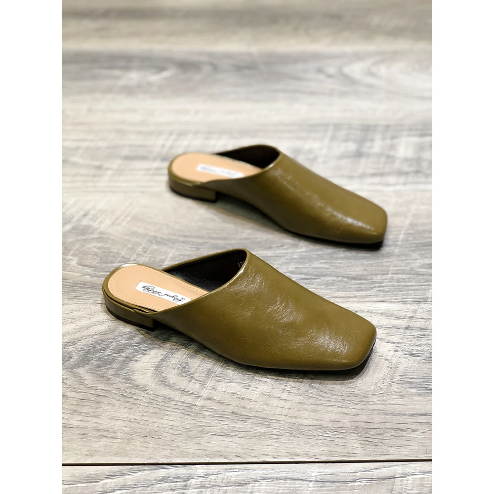 复古简约平底方头半拖鞋女2024年春夏新款一脚蹬包头英伦风穆勒鞋