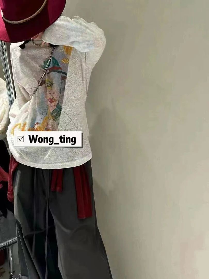 【W-Ting】新款小众设计师涂鸦漫画少女印花长袖T恤08291