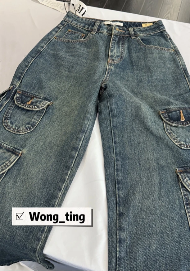 【W_ting】秋冬款小众设计师口袋工装直筒牛仔裤8523