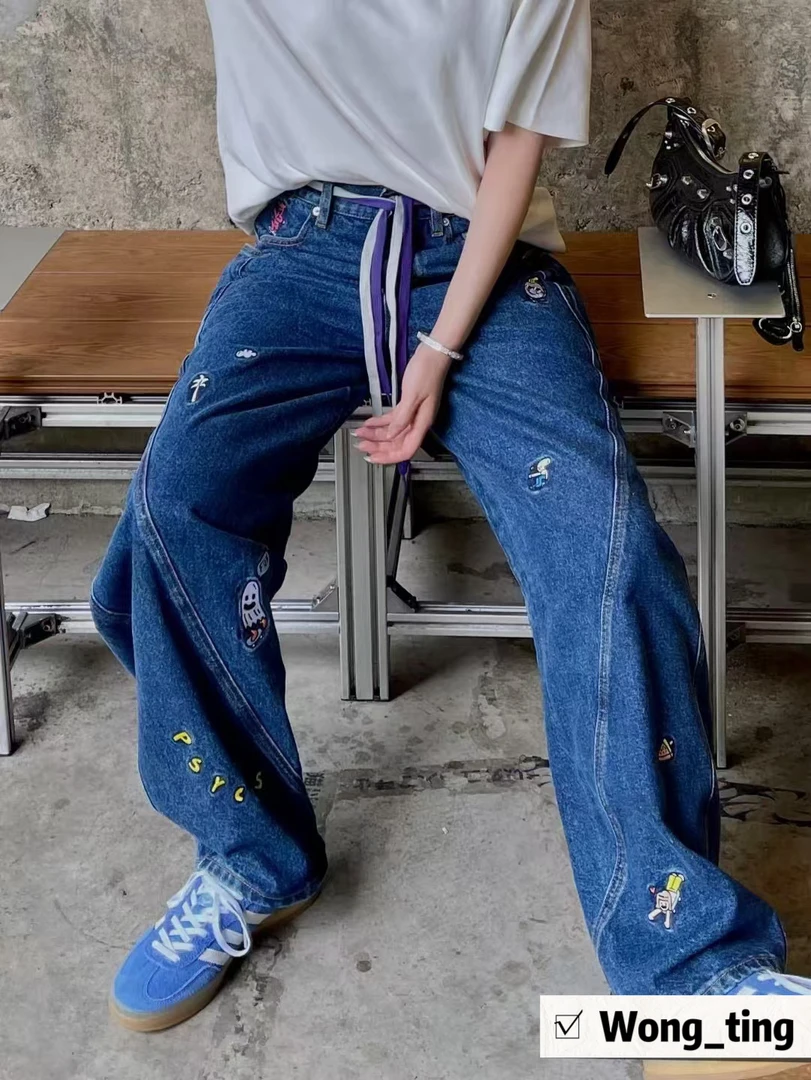 【W_ting】秋冬款小众设计师卡通刺绣普洗蓝牛仔裤9805