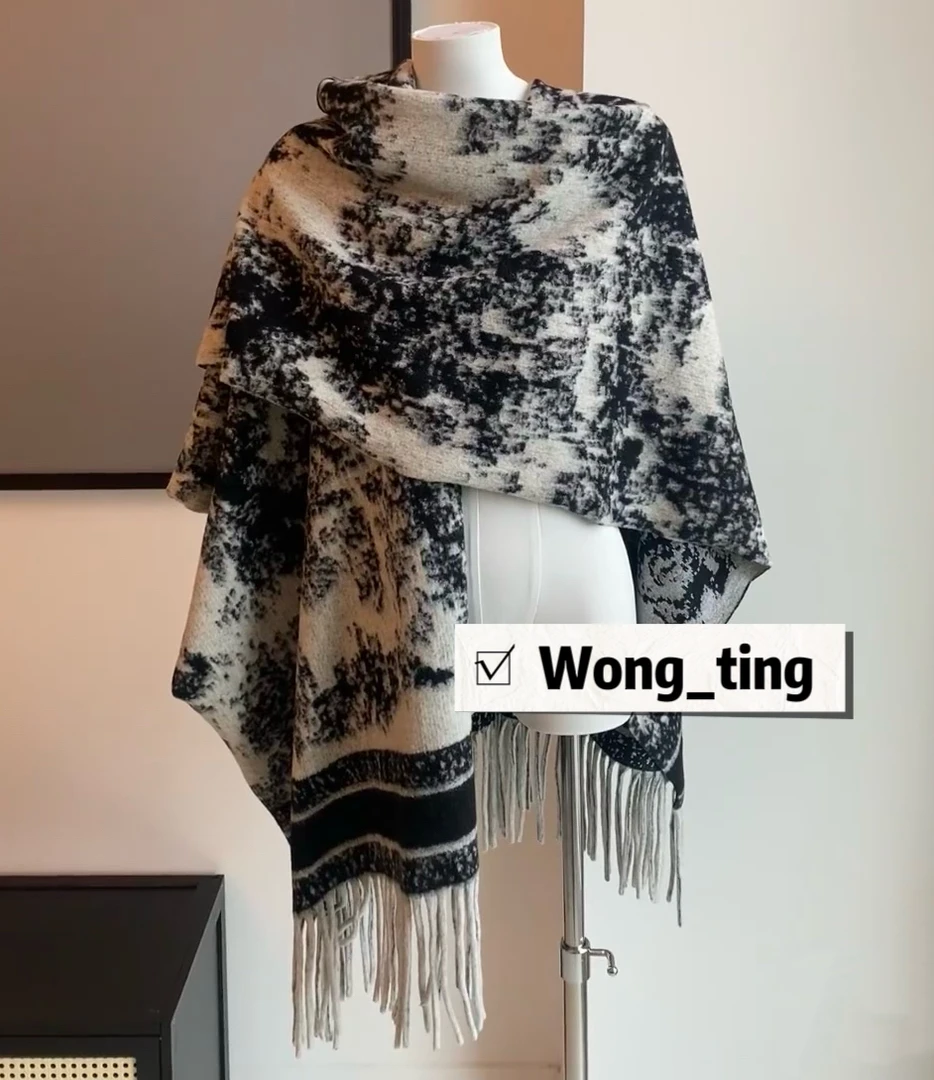 【W_ting】秋冬新款小众设计师流苏泼墨大披肩4287