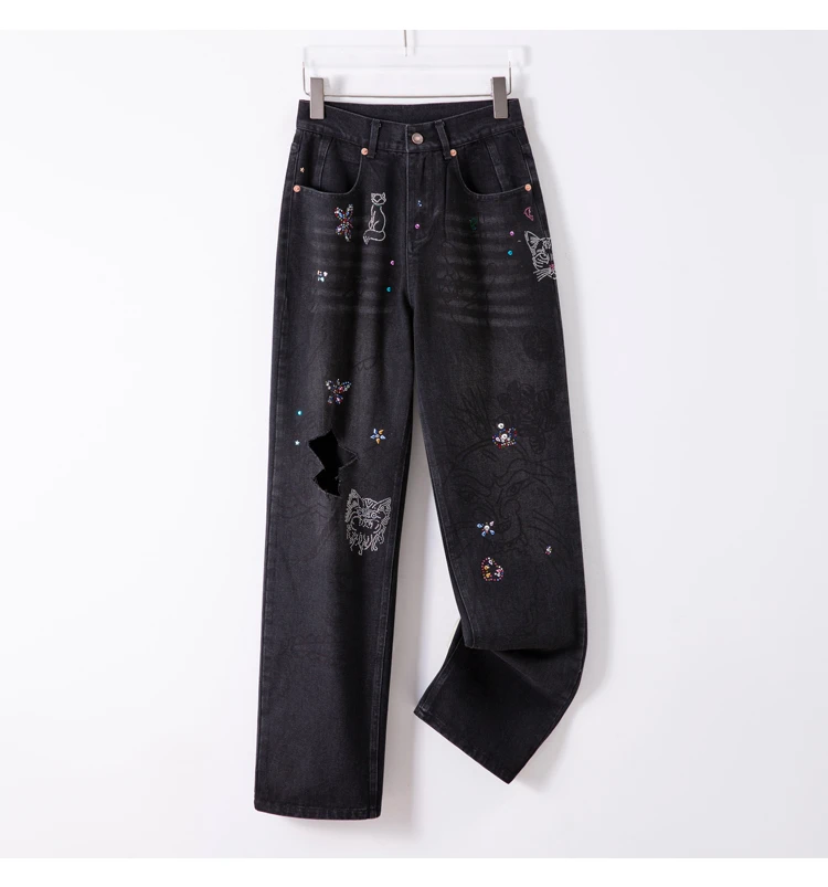 【特价！纽扣微氧化，会掉色 介意勿拍】重工带钻黑色破洞牛仔裤P7132