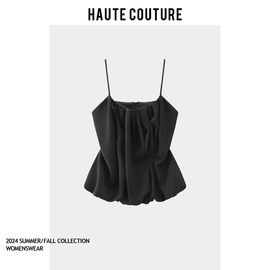 气质高货捏褶吊带上衣修身黑色细肩带花瓣显瘦小衫女T7576