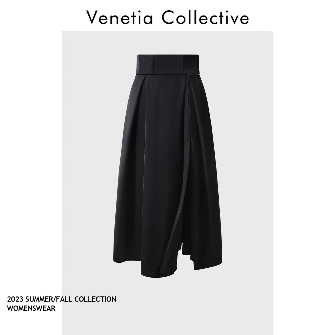 气质高腰时尚不规则法式开衩半身裙P7408