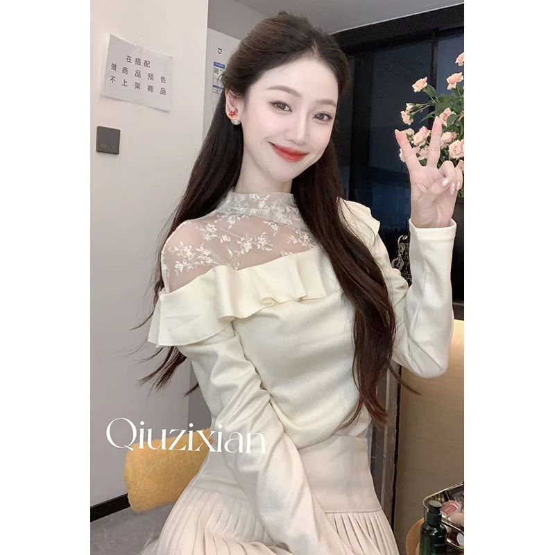 (子贤专属)秋冬新款时尚内搭蕾丝拼接德绒打底衫