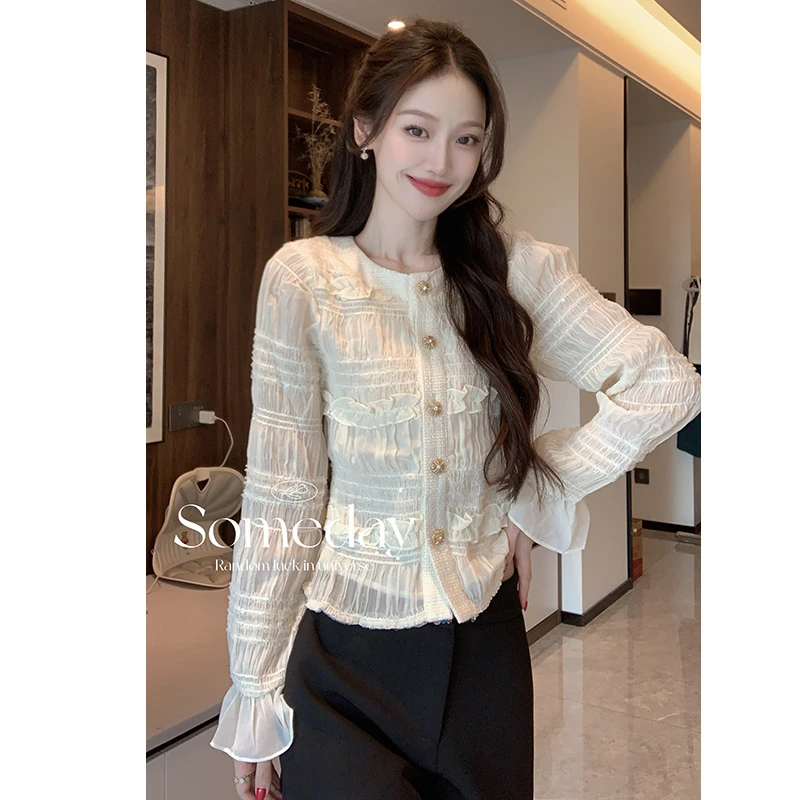 (子贤专属)春装新款褶皱拼接淑女小衫女上衣显瘦9010