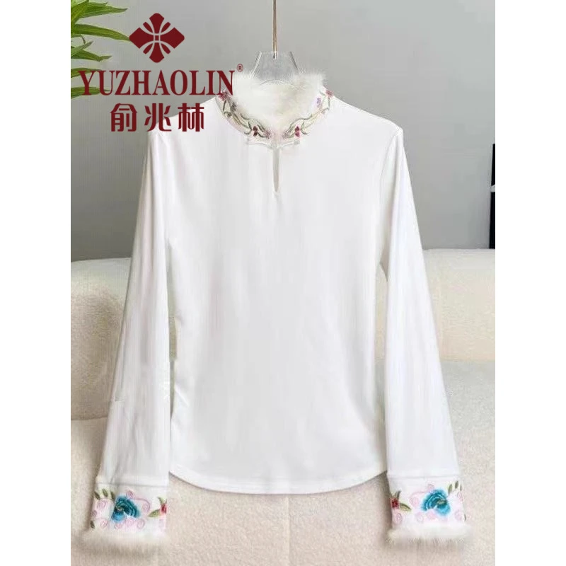 俞兆林国风款2024秋冬新款高级感打底衫洋气新中式刺绣上衣修身恤