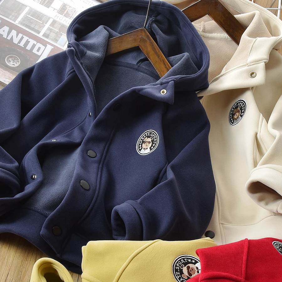 儿童加绒防风外套秋冬装2024新款男女童连帽加厚保暖7132