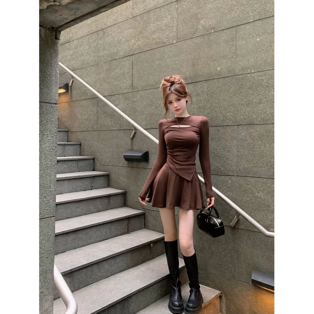 设计感不规则镂空长袖上衣套装女秋冬季高腰辣妹半身裙两件套