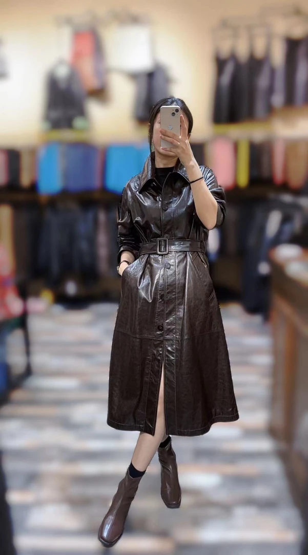 OG【高端优雅】复古名媛进口油蜡小羊皮风衣显瘦小蛮腰