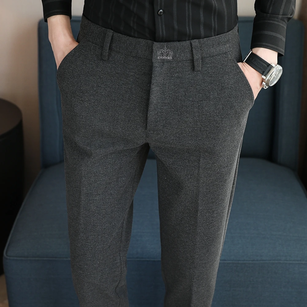 秋冬季潮流刺绣毛呢西裤男士修身小脚商务百搭加厚休闲裤九分长裤