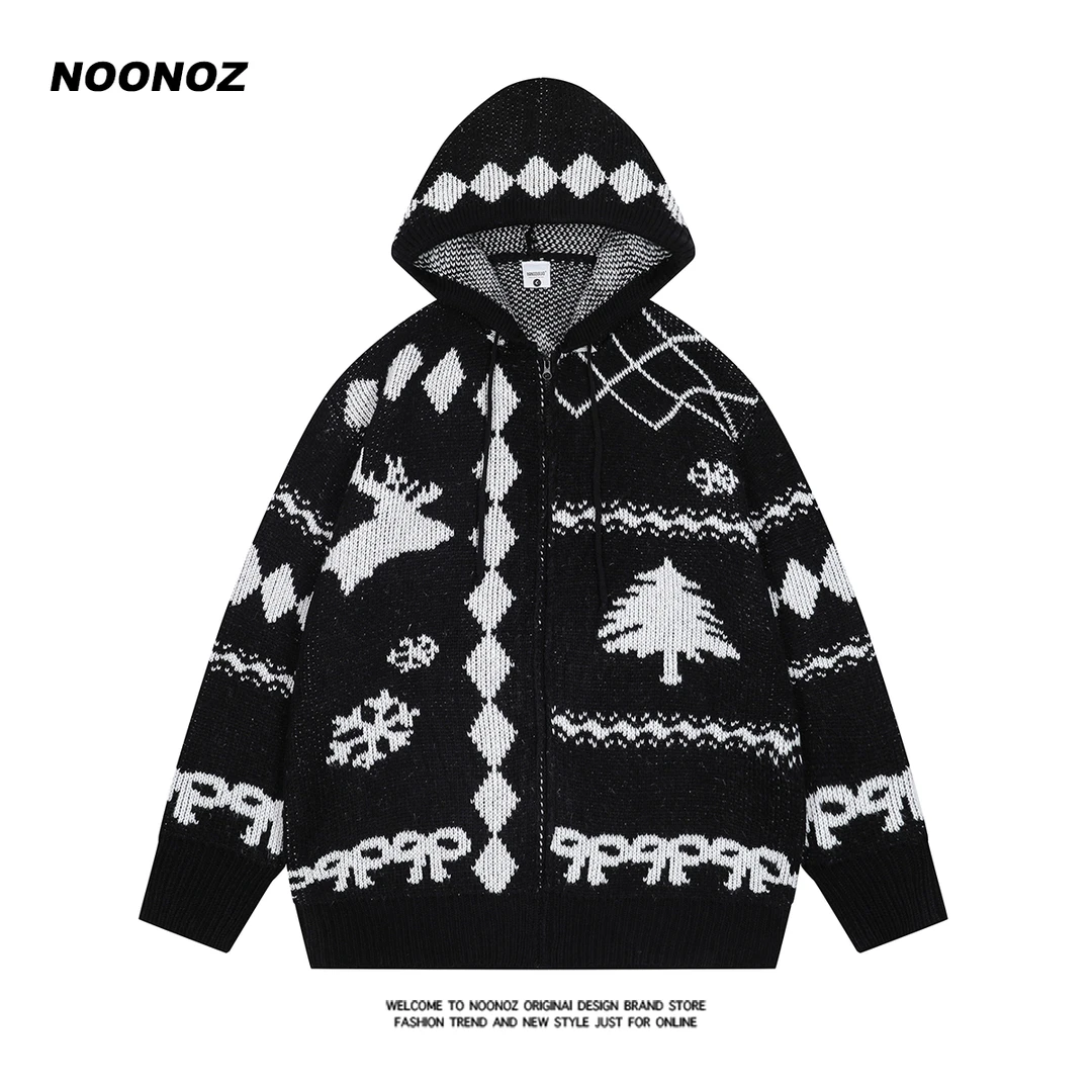 NOONOZ秋冬费尔岛圣诞连帽开衫毛衣男宽松氛围感慵懒情侣针织外套