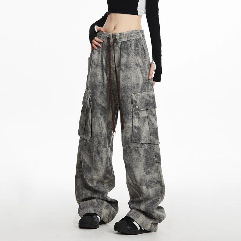 NOONOZ潮牌扎染迷彩做旧工装裤男春夏阔腿欧美高街大口袋休闲裤