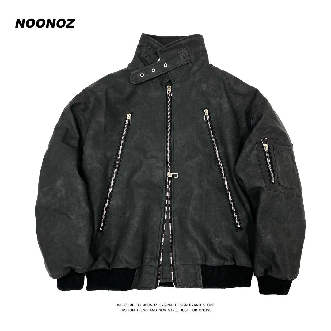 NOONOZ美式复古拉链PU皮夹克男秋冬雅丹风加厚保暖机车风抗寒外套