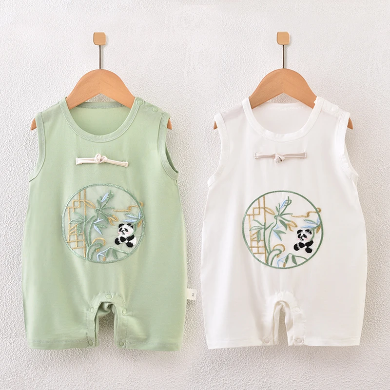 婴儿连体衣无袖中国风薄款透气哈衣新生幼儿爬服萌娃宝宝衣服夏装