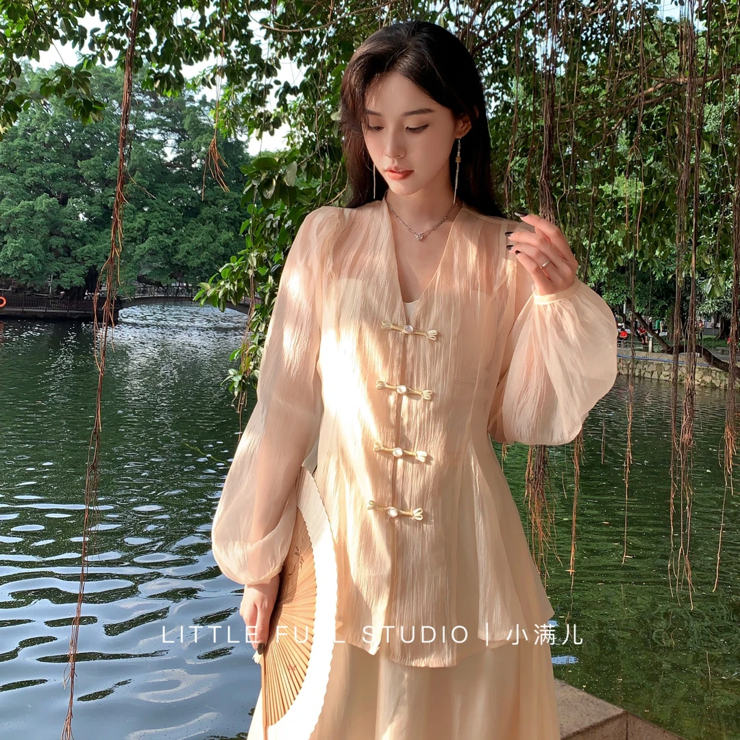 清仓《水云仙》仙气飘飘！新中式国风珠光清冷感上衣+松紧腰半裙套装