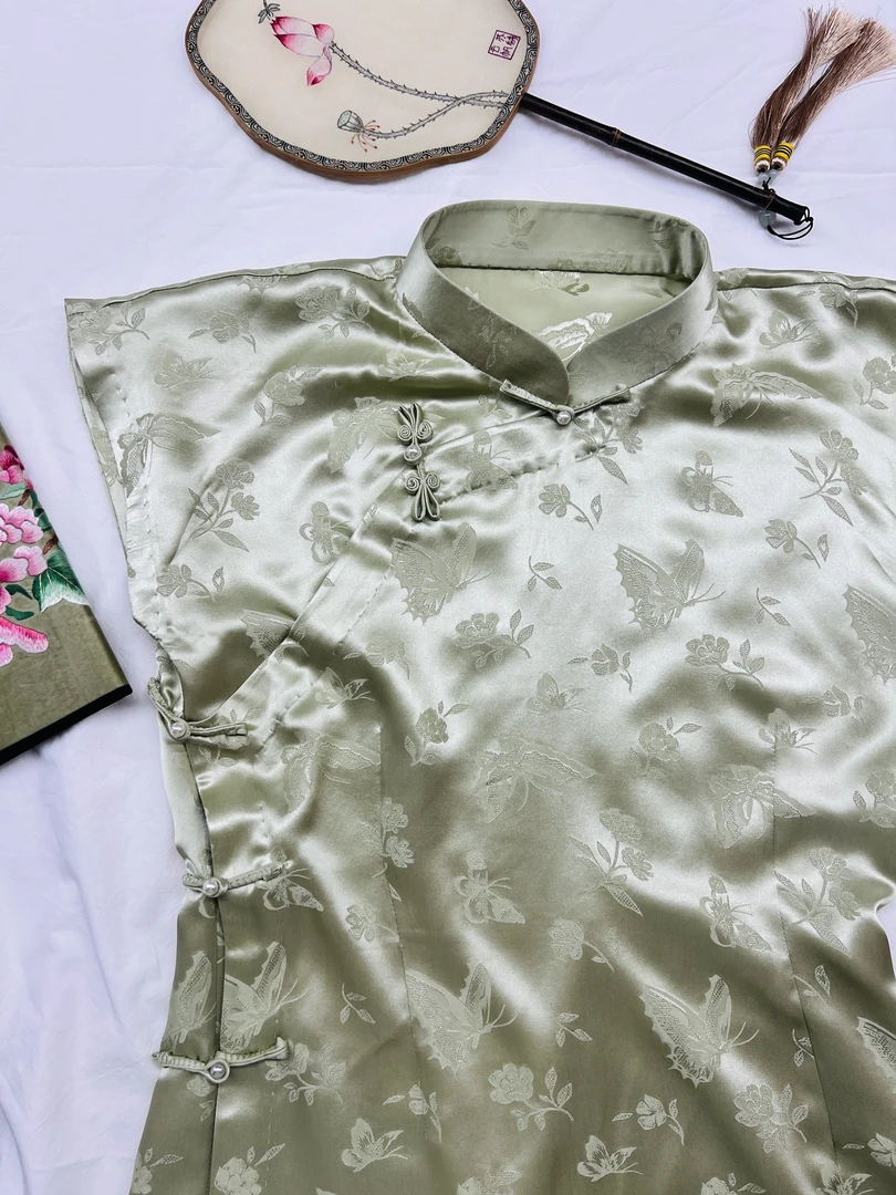 【软缎旗袍裙】新中式轻奢绿色夏季提花长款斜襟新中式修身旗袍古法