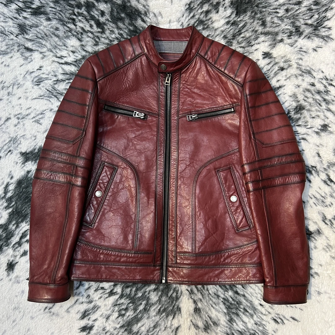 【俊杰服装批发】春秋新款红色机车服羊皮油蜡复古立领休闲时尚男士