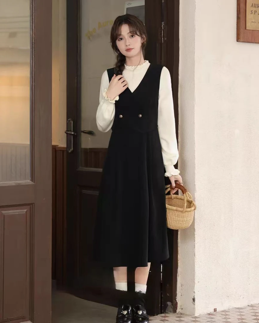 [舒依慕]假两件连衣裙女装早秋新款法式穿搭高级感长袖裙子#8105