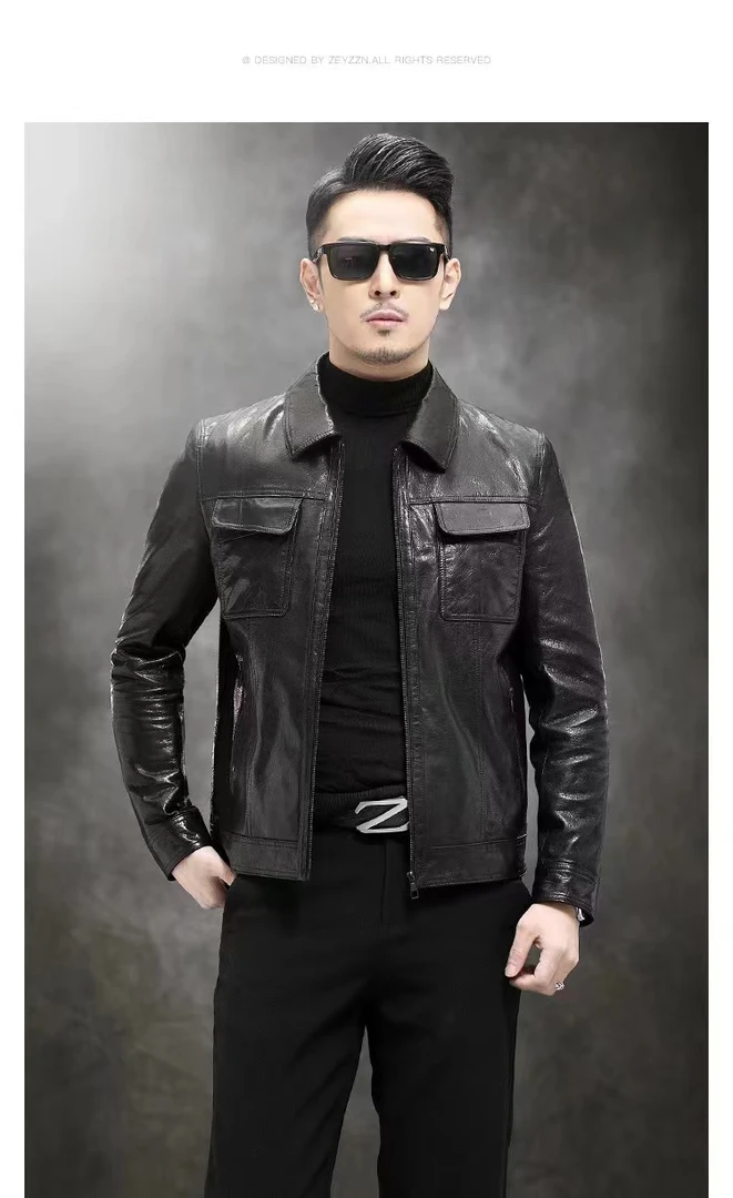 海宁男士秋冬牛皮时尚翻领男款休闲外套真皮黑色短款秋季春秋修身