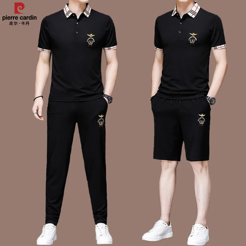 【皮尔卡丹正品大牌】高端桑蚕丝男士短袖休闲运动套装夏季三件套潮