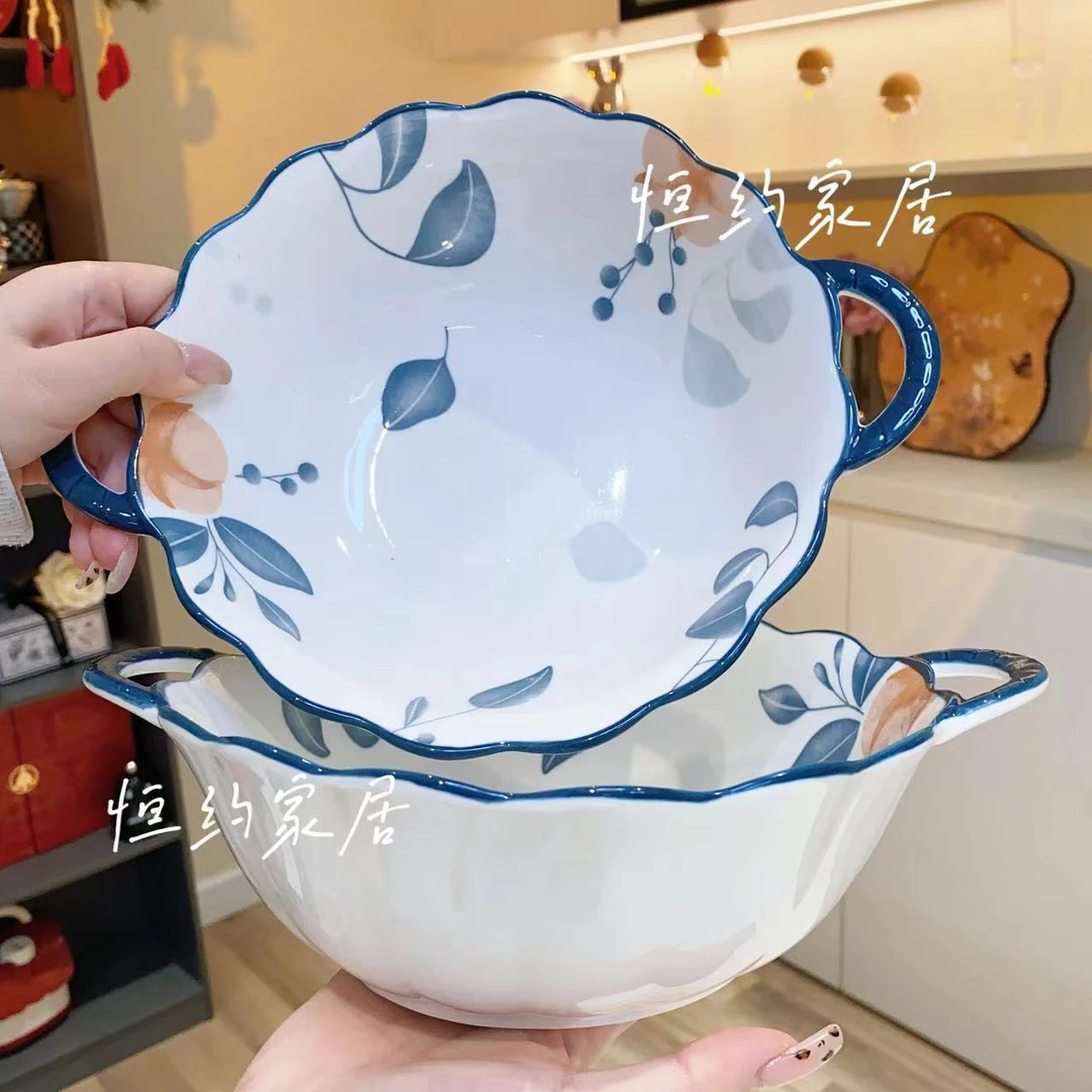 【木棉花】 10英寸双耳荷叶碗两个装 家用陶瓷大面碗大汤碗沙拉