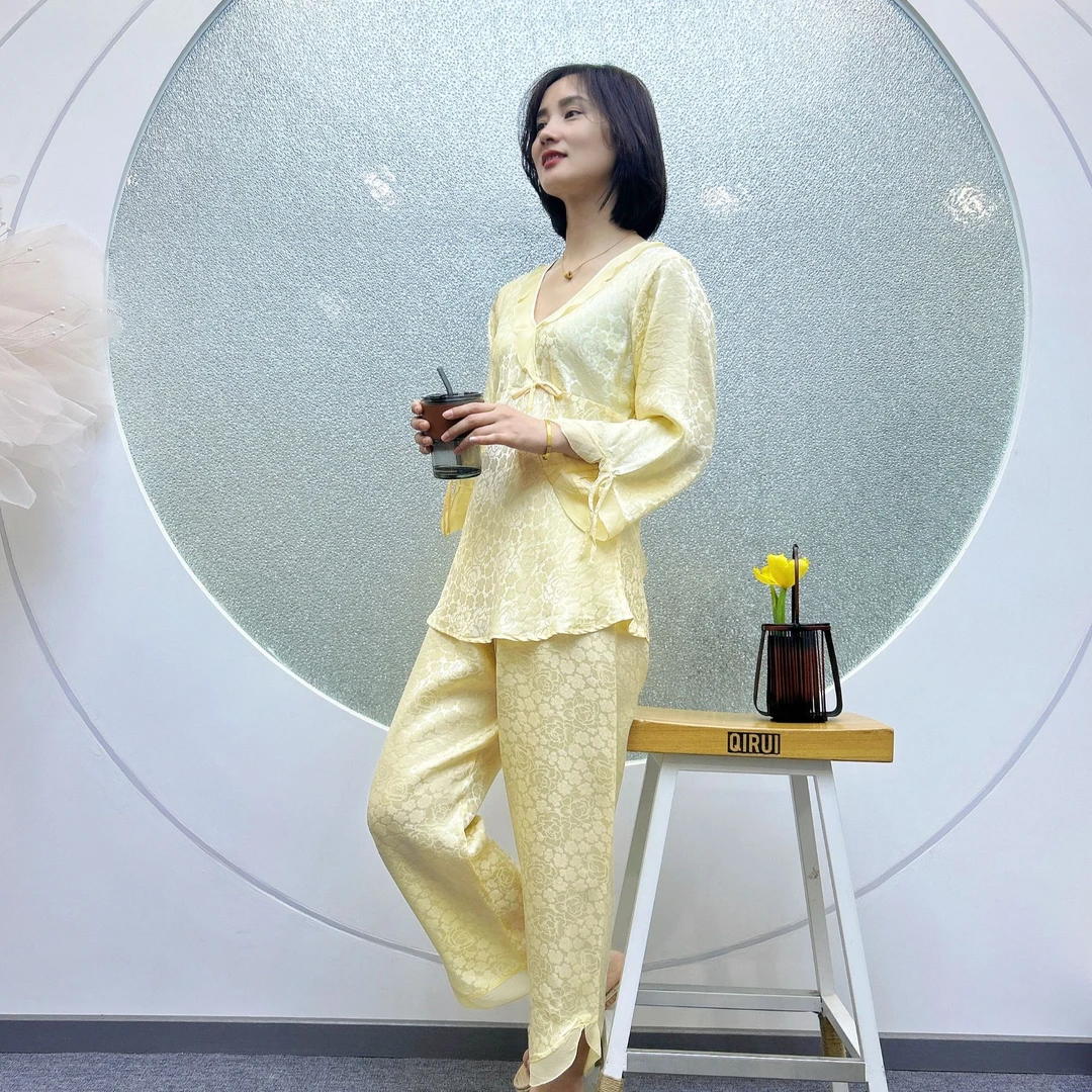 【QIRUI绮瑞真丝】女士桑蚕丝家居服套装香槟玫瑰轻奢时尚41016