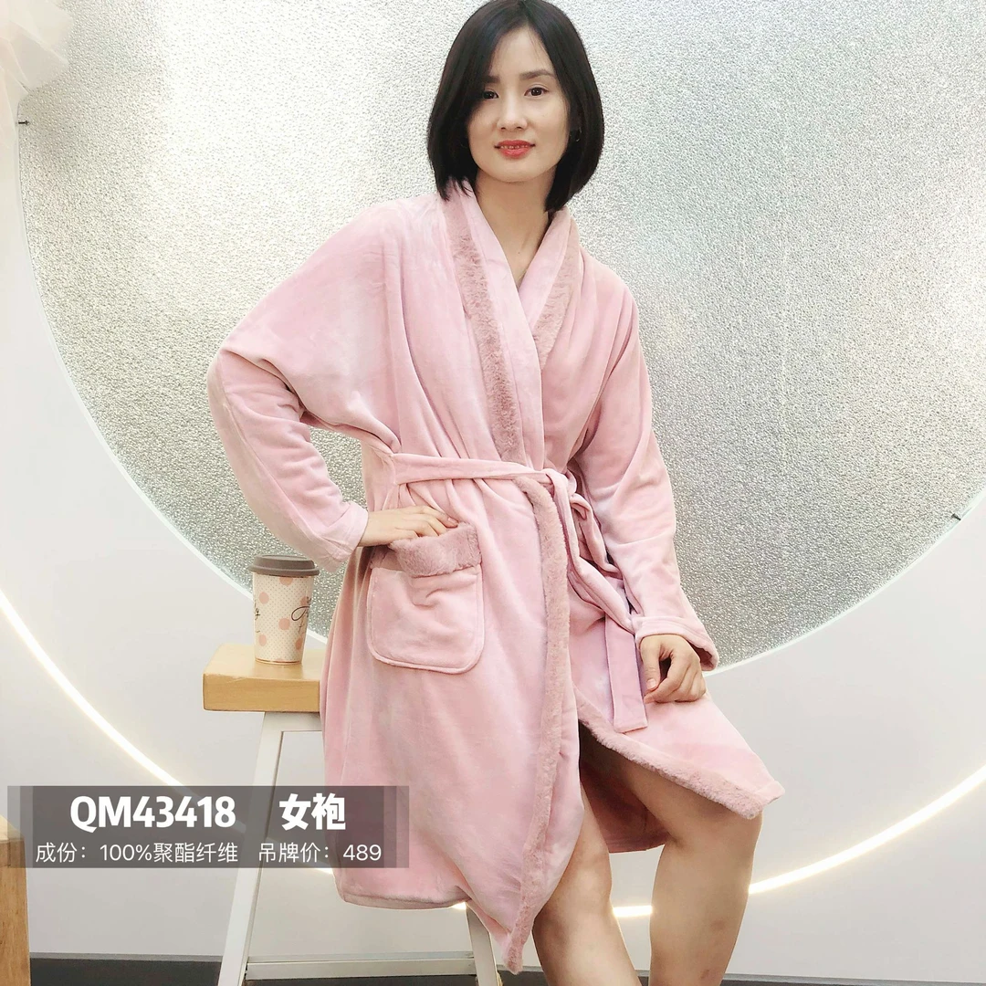 QIRUI绮瑞 女士紫色保暖珊瑚绒纯色睡袍系带款43418