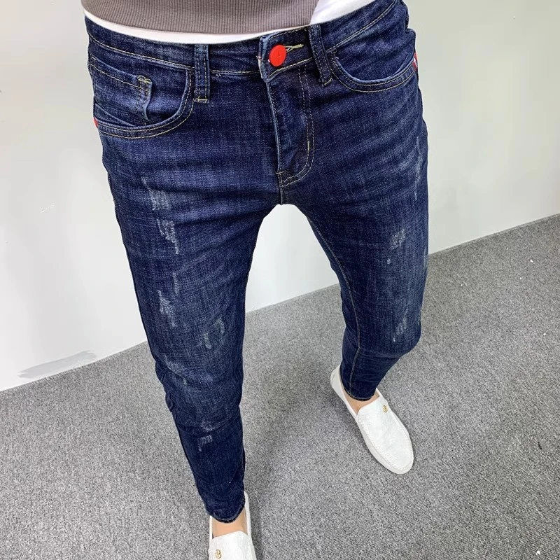 深蓝色牛仔裤男2025年秋冬新款潮牌水洗修身小脚裤休闲弹力长裤子